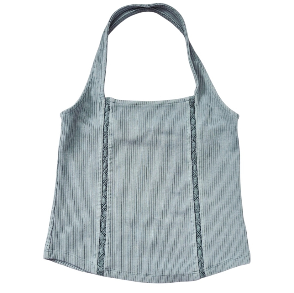 American Eagle Sage Green Ribbed Halter Crop Top NWT Size Small AE Open back Y2K